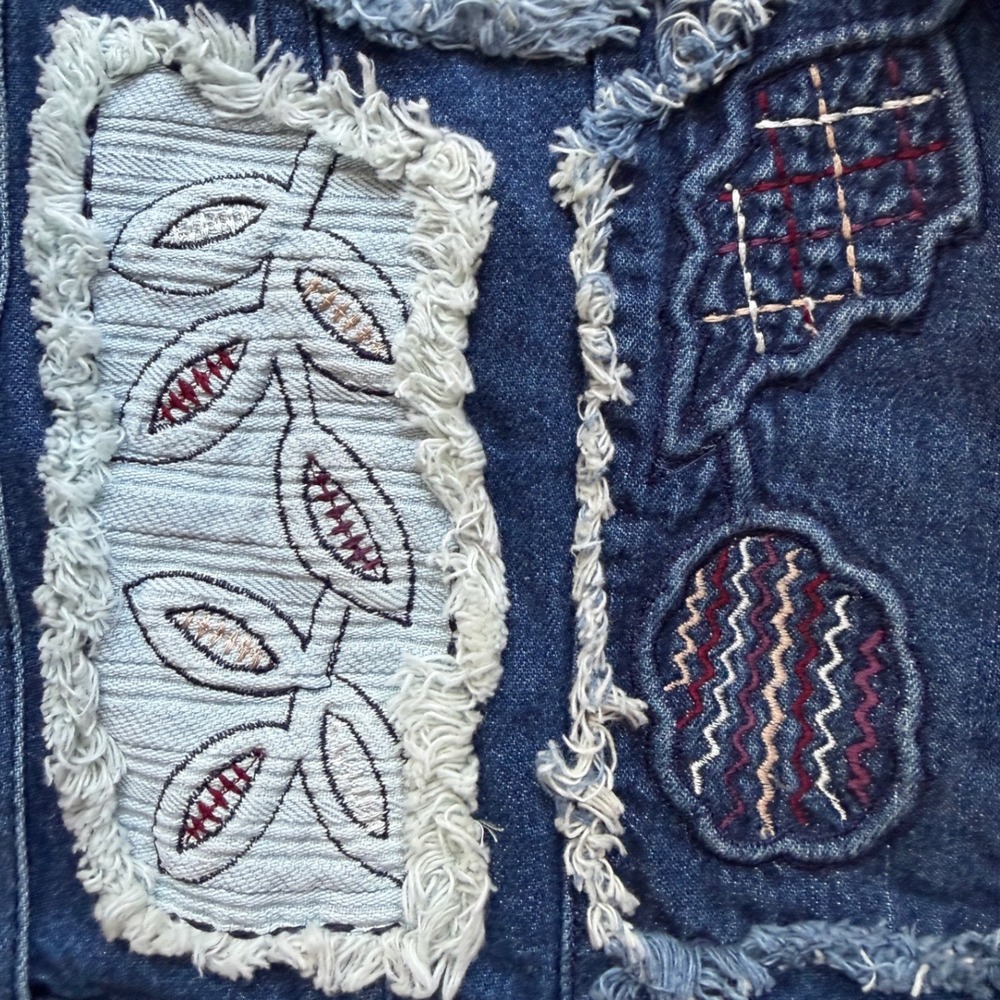 Boho Patchwork Embroidered Denim Jacket Womens L Blue Artsy Cottagecore Festival - Picture 9 of 14